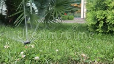 <strong>自动</strong>灌溉<strong>系统</strong>，草坪喷淋喷淋机在行动中浇灌草和植物..
